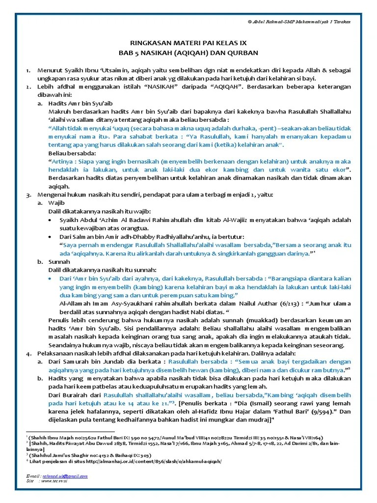 Ringkasan Materi PAI Kelas 9 Bab 5 Nasikah (Aqiqah) Dan Qurban PDF | PDF