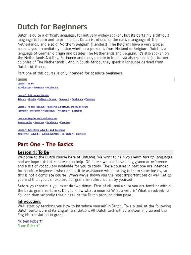 Dutch For Beginners Long | PDF | Grammatical Gender | Noun