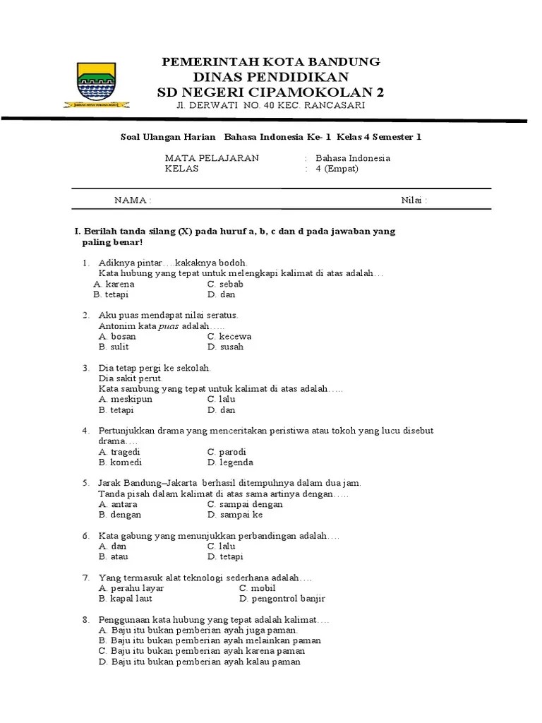 Soal ulangan harian bahasa indonesia ke- 1 kelas 4 semester 1.doc