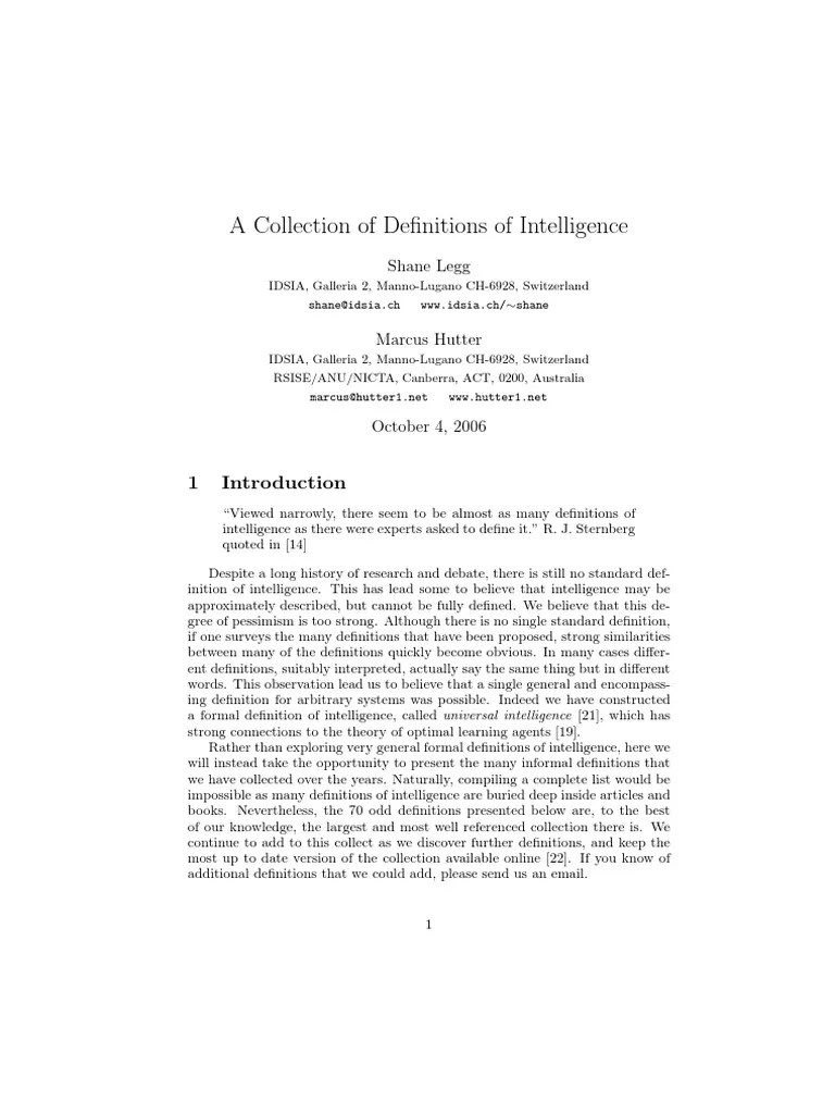 A Collection Of Definitions Of Intelligence | PDF | Intelligence | Reason