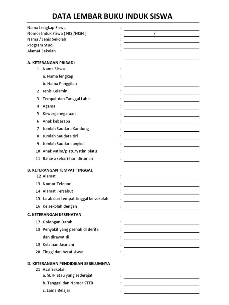 19 nomor kode sekolah : Format Kosong Buku Induk