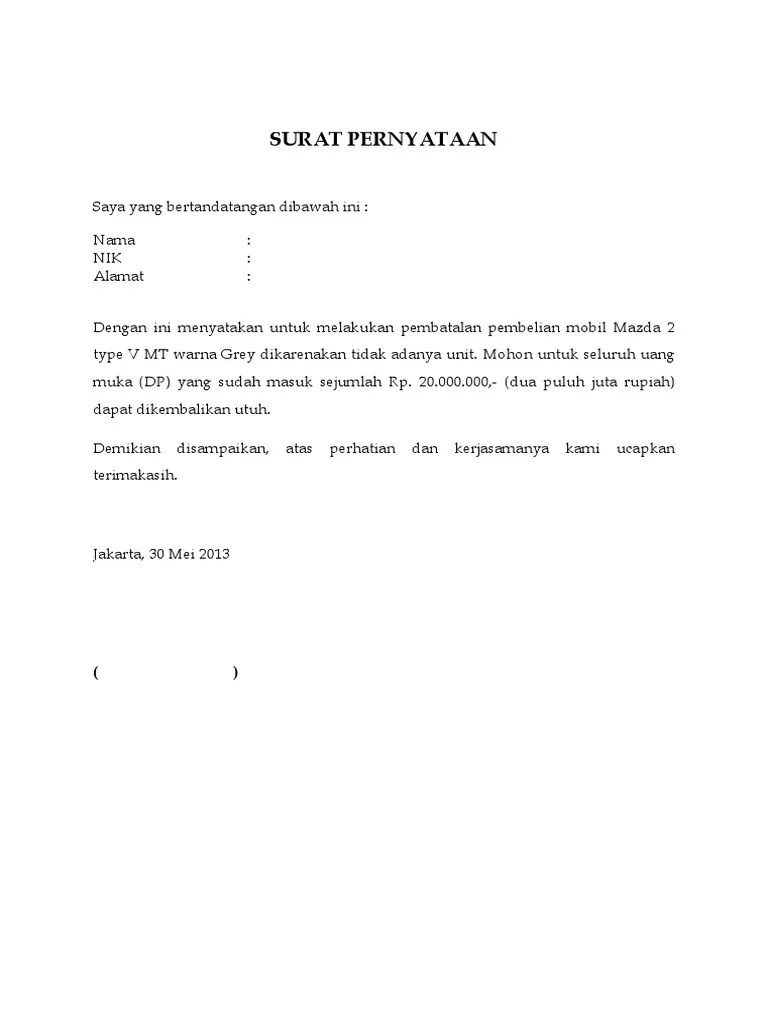 Contoh surat pembatalan pembelian rumah dari developer. Surat Pernyataan Pembatalan Pdf