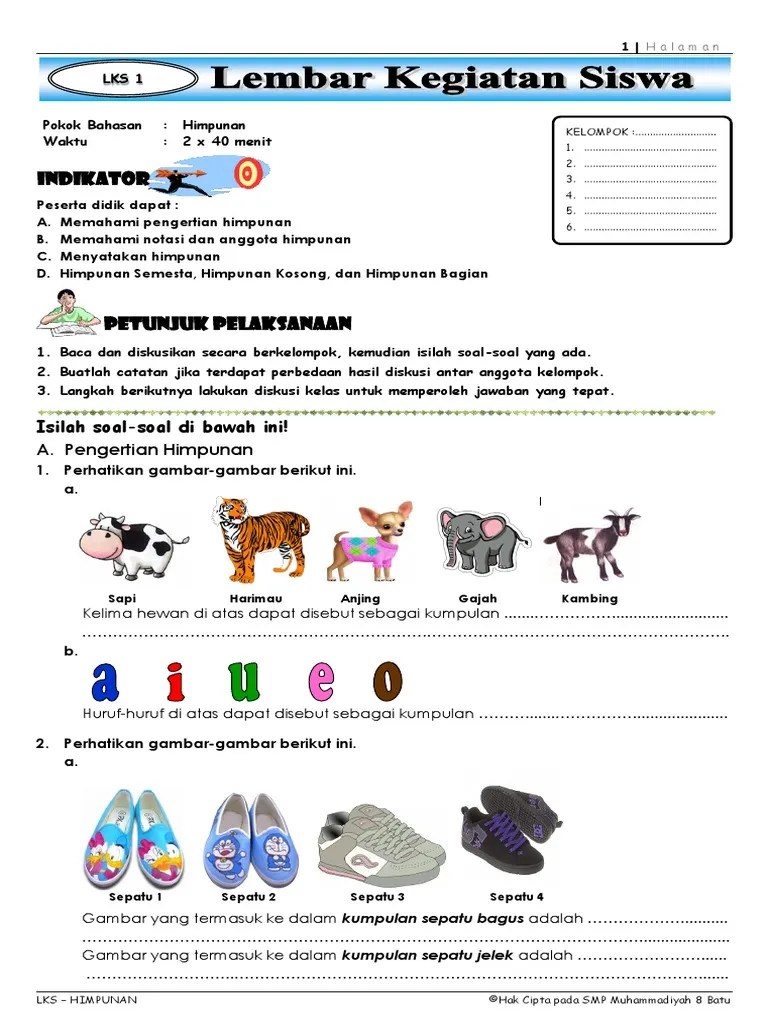 Pengembangan lembar kerja siswa (lks) matematika berbasis pemecahan masalah pada materi himpunan kelas vii smpn 7 padang arrahman niddayan*), . Lks Himpunan Ke 1 Pdf