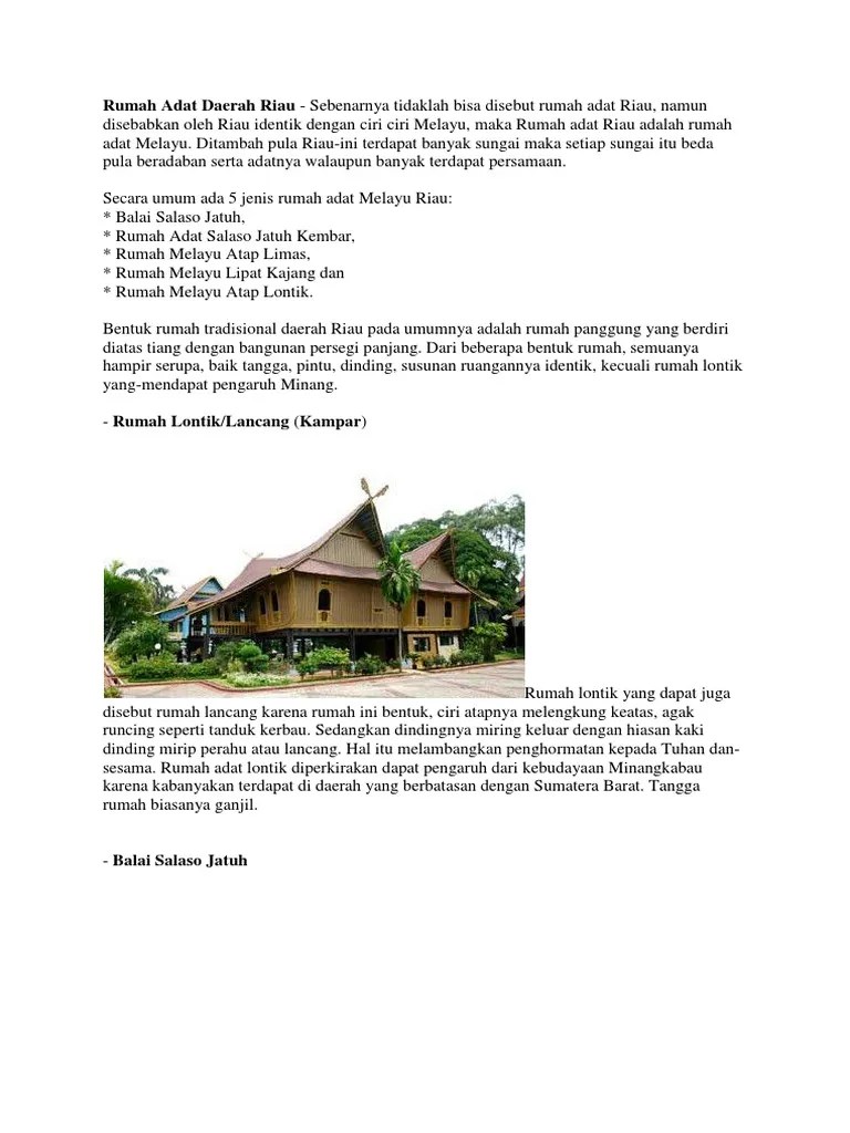 Rumah Adat Daerah Riau | PDF