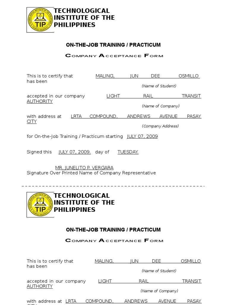 The details including the name of the concerned person, department. Acceptance Letter Sample Ojt - AMSAUH