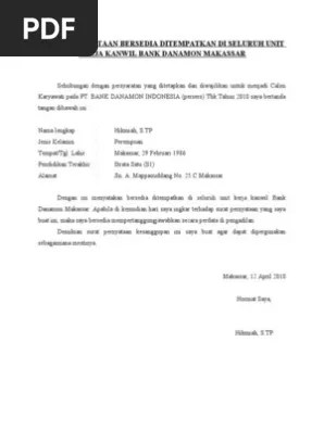 Check spelling or type a new query. Surat Pernyataan Bersedia Ditempatkan Di Seluruh Unit Kerja Kanwil Bank Bri Makassar