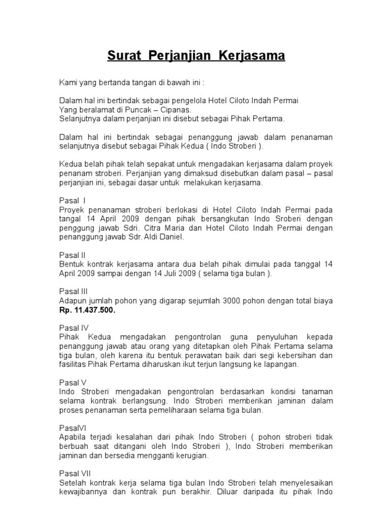 Contoh surat perjanjian kerjasama hotel dengan event organizer professional sebagai referensi membuat surat perjanjian yang baik dan resmi. Surat Perjanjian Kerjasama Pdf