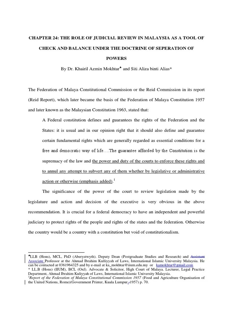 The Role Of Judicial Review In Malaysia As A Tool Of Check And Balance Under The Doctrine Of ...