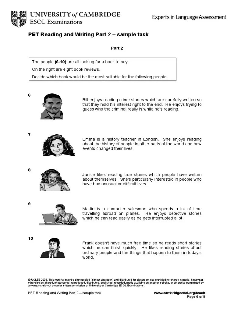 PET Reading And Writing Part 2 - Sample Task Page 6 Of 8 | PDF