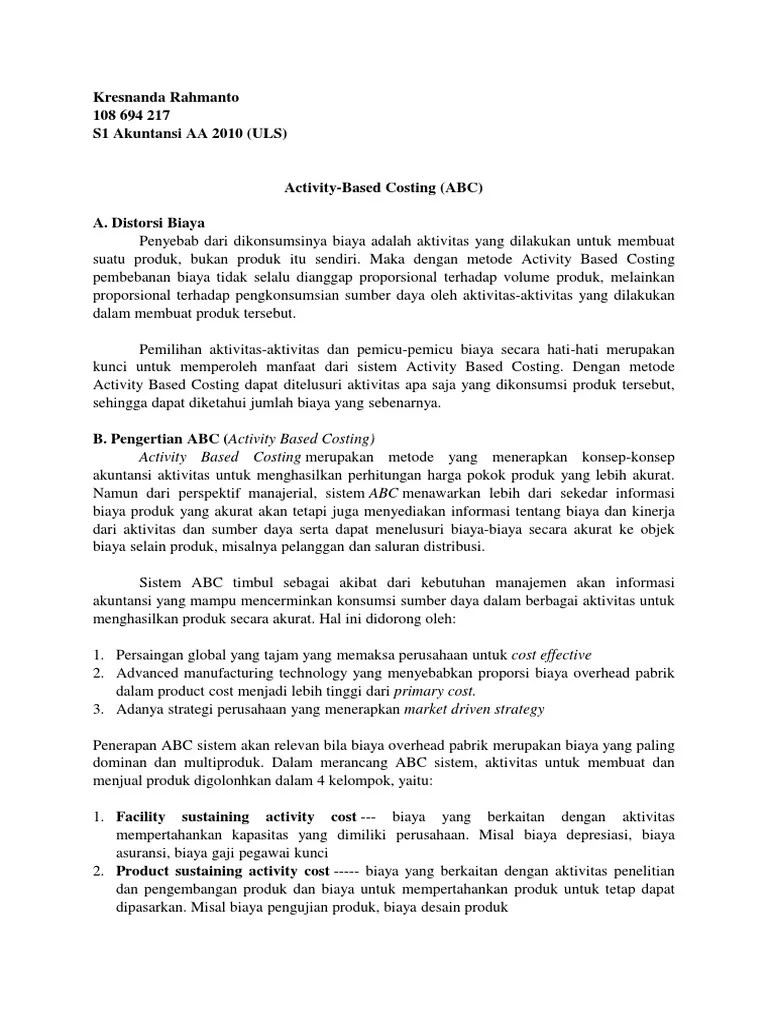Menghitung biaya overhead adalah salah satu cara untuk memonitor perencanaan … Activity Based Costing Pdf