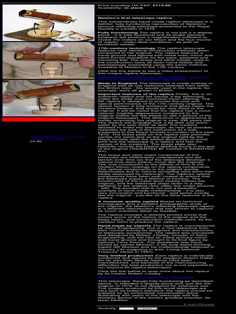 Isaac Newton's First Telescope - Hand-Made Replica Of The Original ...