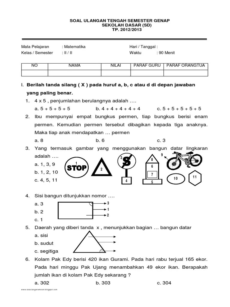 Soal uas semester 2 sd kelas 2 agama hindufull description . Contoh Latihan Soal Soal Matematika Sd Kelas 2 Tentang Bangun Datar
