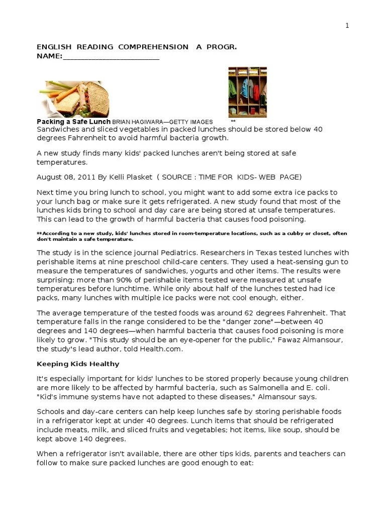 Reading Comprehension + Esp Questions | PDF | Lunch | Shelf Life