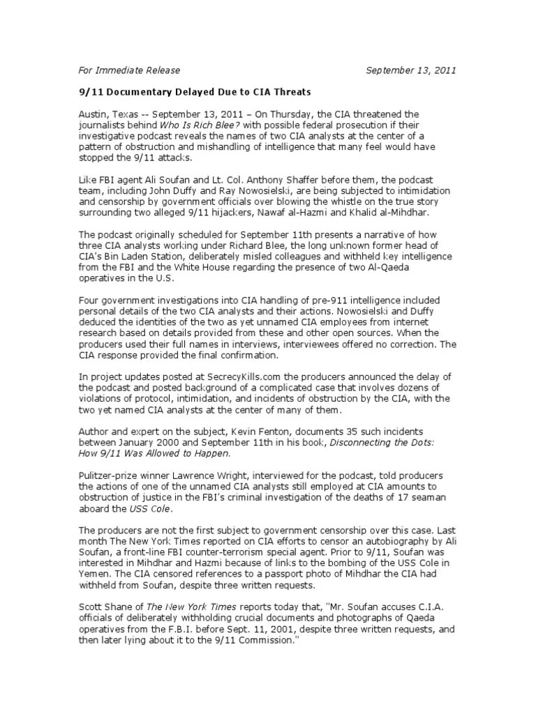 911 Documentary Delayed Due To CIA Threats | Download Free PDF | September 11 Attacks | Central ...