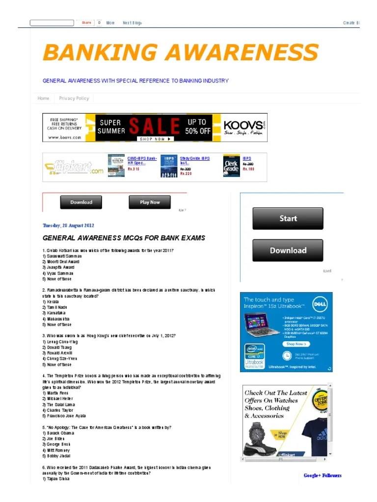 Banking Awareness - General Awareness Mcqs For Bank Exams | PDF | Reserve Bank Of India | Banking