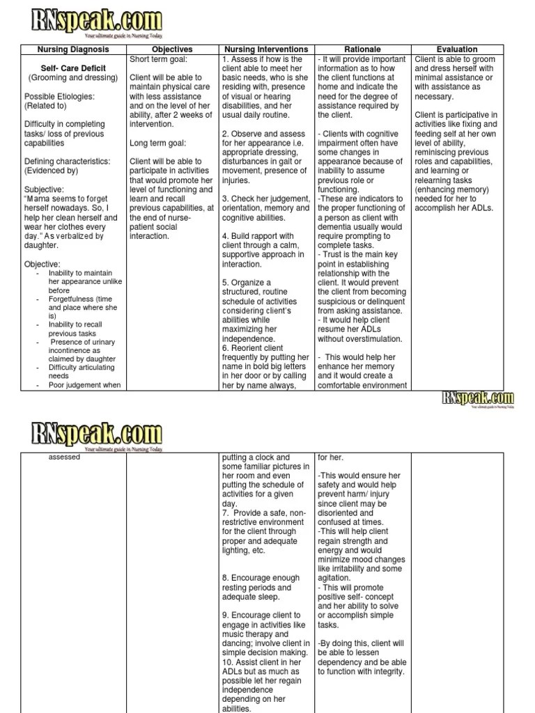 Dementia nursing care plan