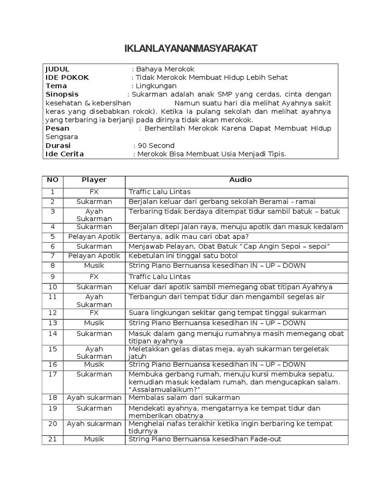 Acuannya durasi iklan adalah 15 detik, 30 detik, 45 detik dan 1 menit. Naskah Iklan Layanan Masyarakat Pdf