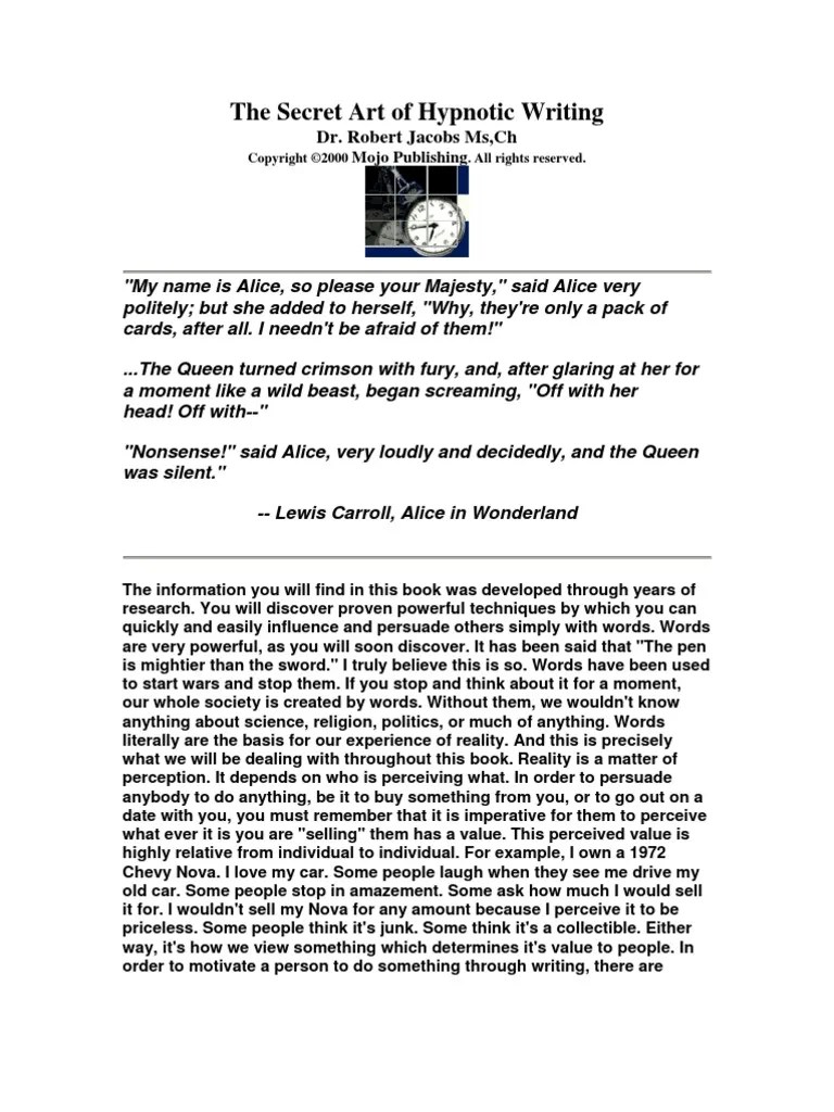 The Secret Art Of Hypnotic Writing | PDF | Hypnosis | Thought