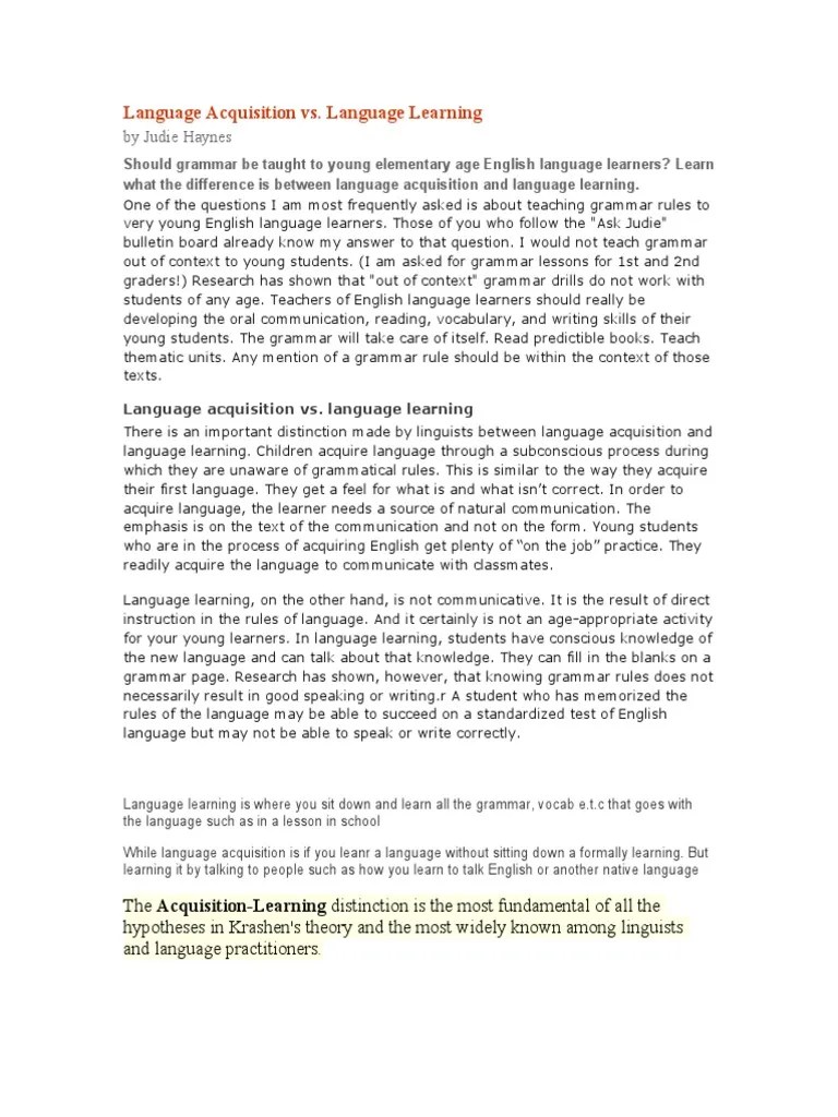 Language Acquisition Vs Learning | PDF | Language Acquisition | Second ...