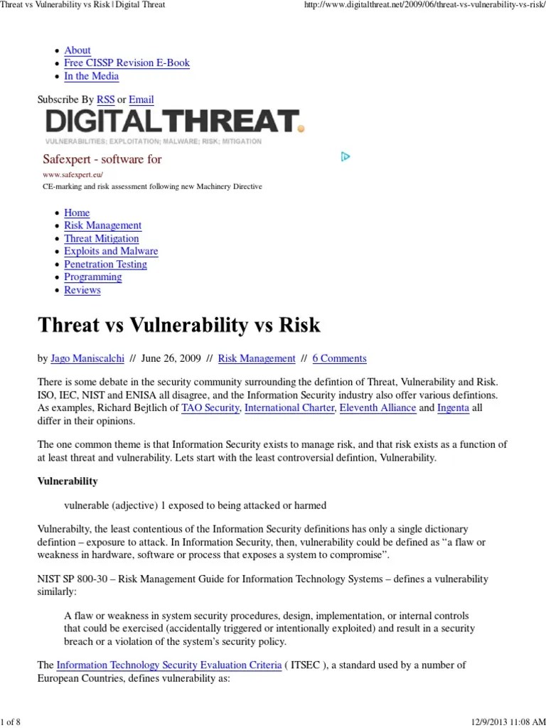 Threat Vs Vulnerability Vs Risk - Digital Threat | PDF | Threat ...