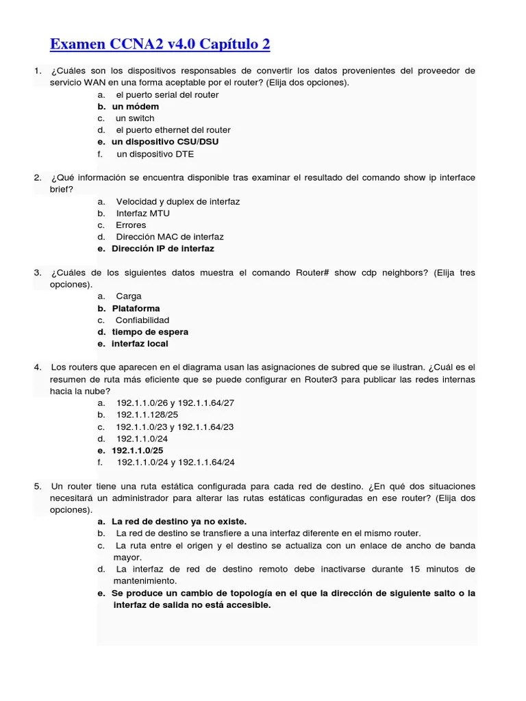 Examen CCNA2 V4 | PDF | Enrutador (Computación) | Dirección IP
