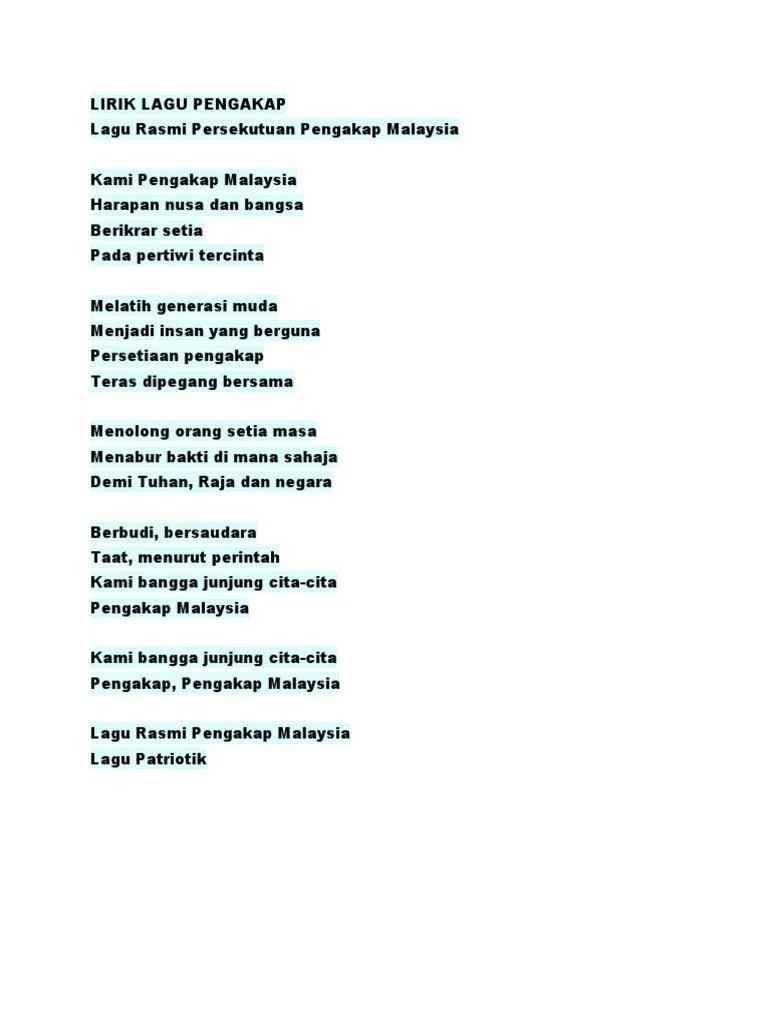 Kami pengakap malaysia harapan nusa dan bangsa berikrar setia pada pertiwi tercinta melatih generasi muda menjadi . Lirik Lagu Pengakap Pdf