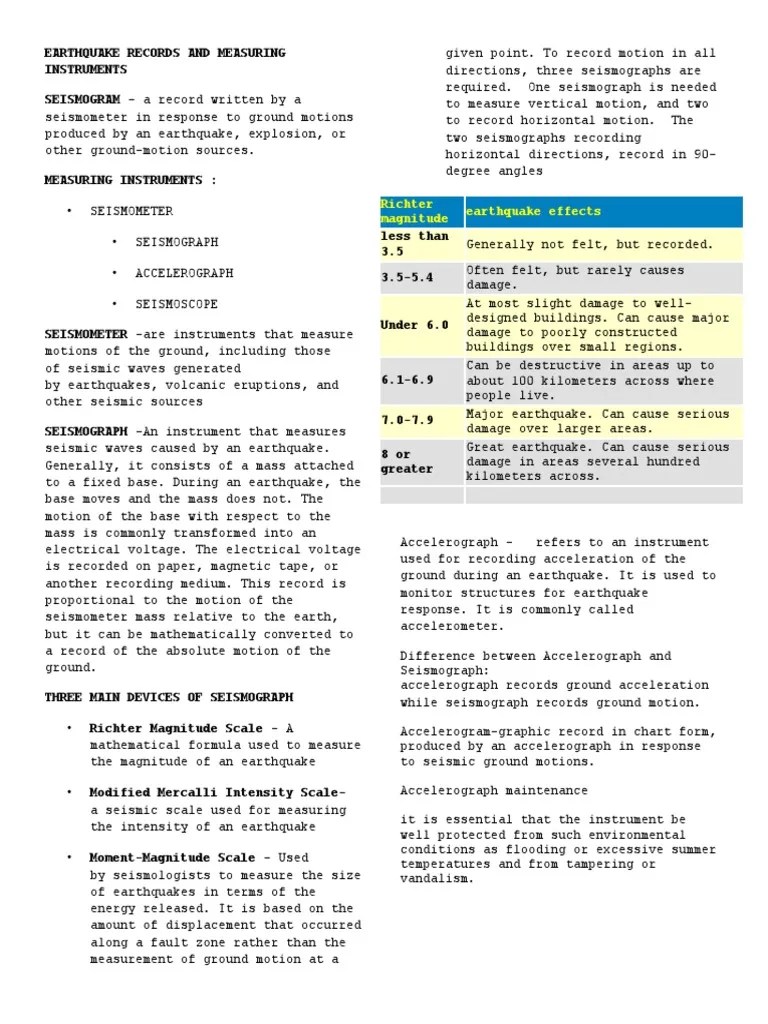 Earthquake Records And Measuring Instruments | PDF | Earthquakes | Seismology