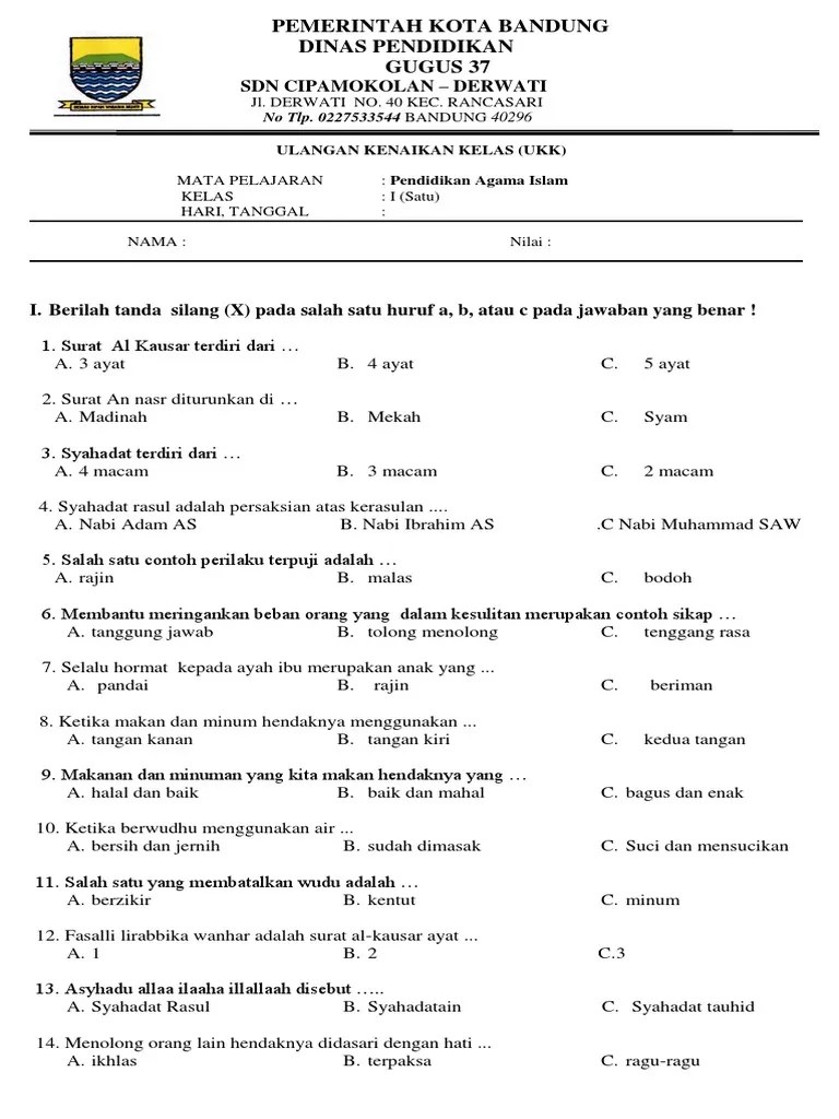 Soal Uas Ukk Pai Agama Islam Kelas 1 Sd Semester 2 