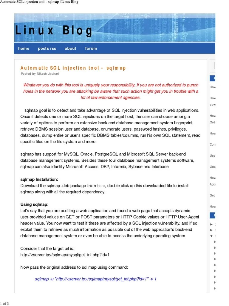 Automatic SQL Injection Tool - Sqlmap - Linux Blog | PDF | Sql | Databases