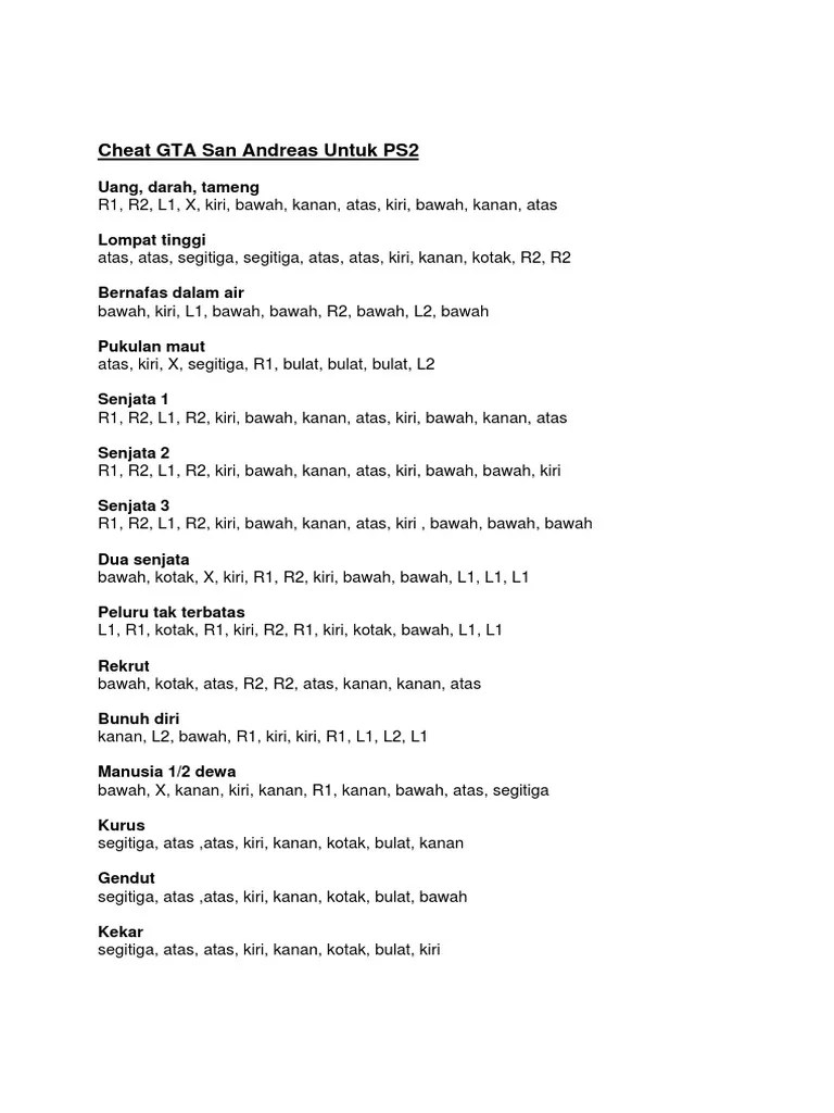 Cheat GTA San Andreas Untuk PS2 | PDF