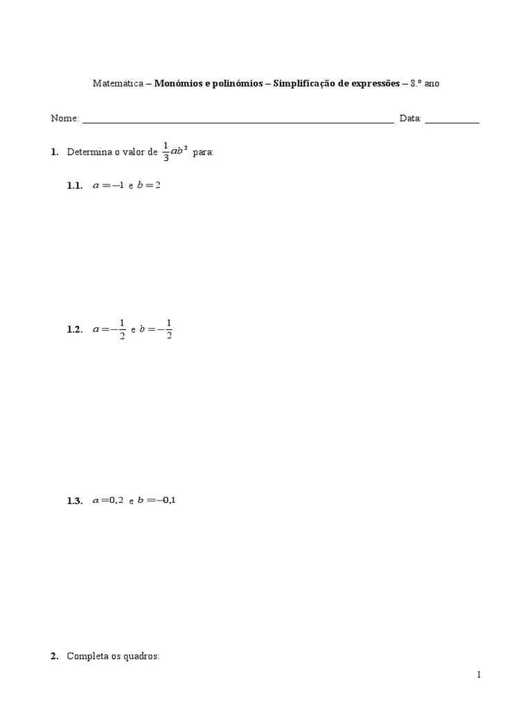 Monómios E Polinómios - Simplificação De Expressões - 1 - Matemática ...