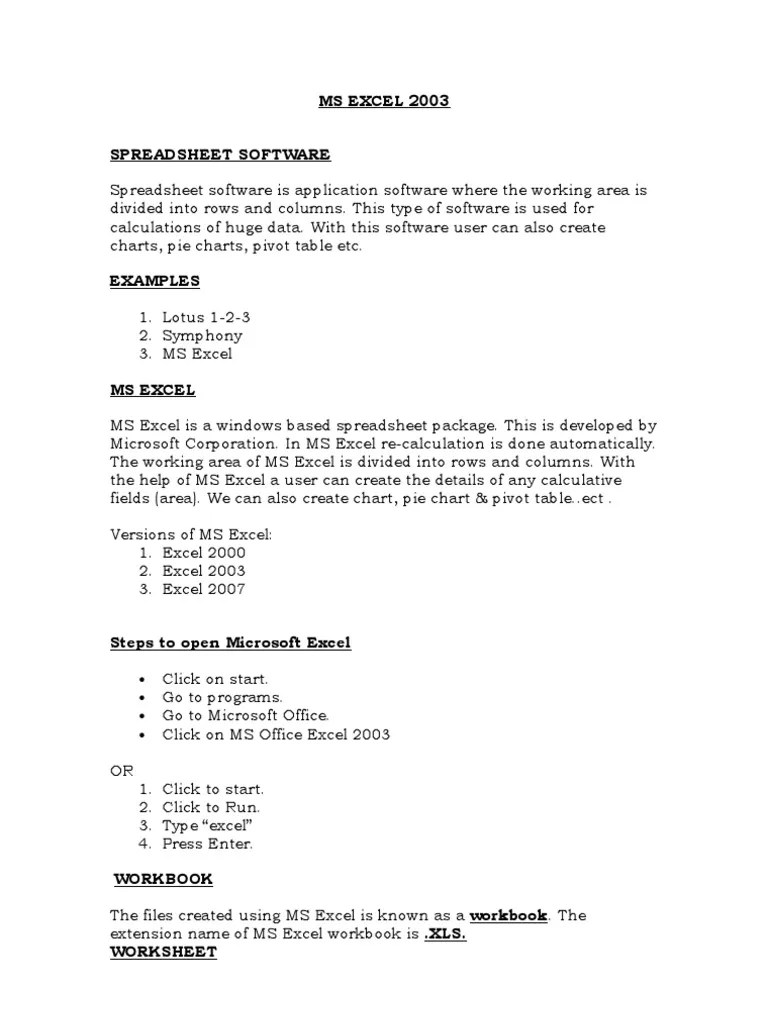 MS EXCEL 2003 SPREADSHEET SOFTWARE Spreadsheet Software Is Application Software | PDF