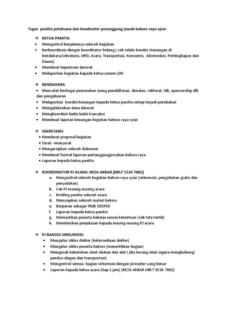 Tugas Panitia Pelaksana Dan Koodinator Penanggung Jawab Baksos Raya Syiar |  PDF