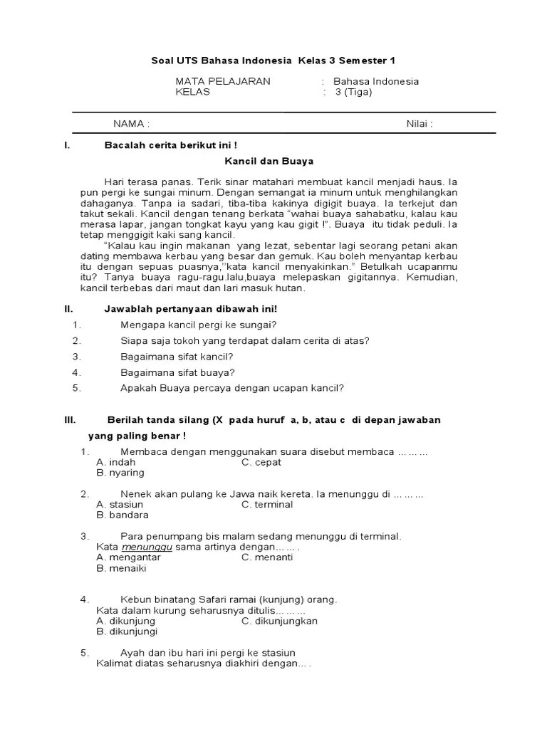 Soal pts bahasa jawa kelas 3 sd semester 2 (genap) dan kunci jawaban. Soal Uts Bahasa Indonesia Kelas 3 Semester 1 Pdf