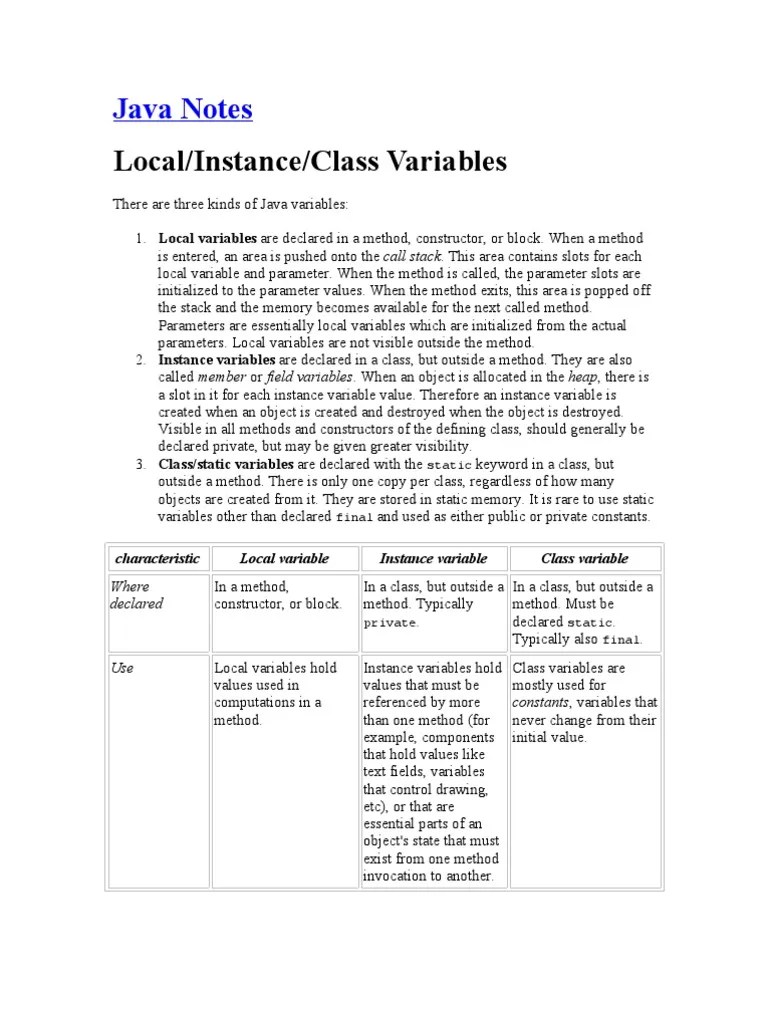 Local/Instance/Class Variables: Java Notes | PDF | Method (Computer ...