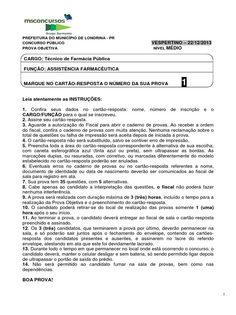 TÉCNICO DE FARMÁCIA PÚBLICA - ASSISTÊNCIA FARMACÊUTICA - Prova 1 | PDF ...