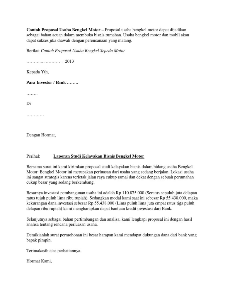 Melalui proposal ini kami memohon bantuan berupa dana stimulasi yang nantinya. Contoh Proposal Usaha Bengkel Motor Pdf