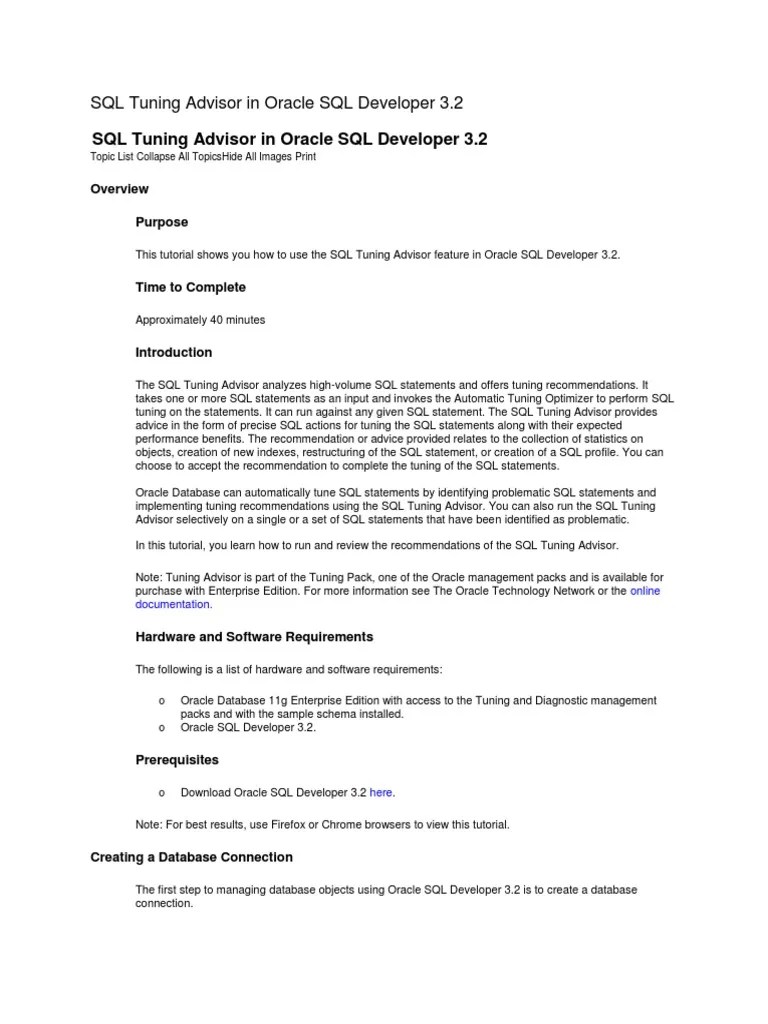 SQL Tuning Advisor In Oracle SQL Developer | PDF | Sql | Databases