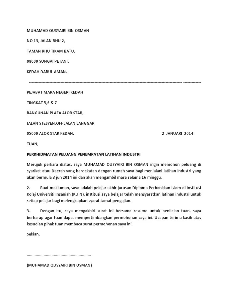 Saya seperti yang bernama di atas ingin memohon jasa baik pihak tuan/puan Surat Iringan Latihan Industri Pdf