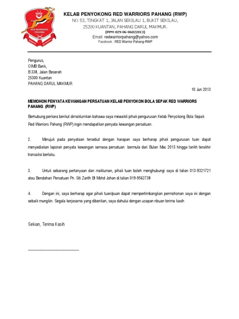 Contoh Surat Permohonan Penyata Bank Syarikat - Surat Mohon Penyata Kewangan Persatuan Pdf