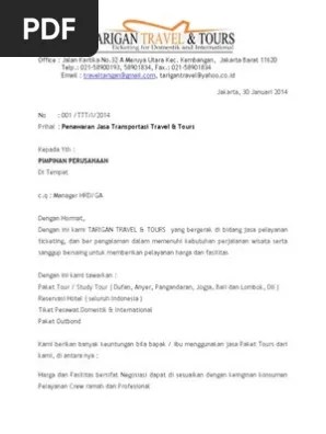Cek disini, tentang salah satu contoh surat penawaran, contoh surat penawaran jasa transportasi tours dan travel. Surat Penawaran Tour Dan Travel Pdf