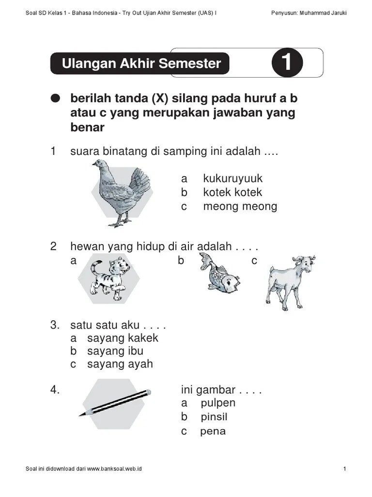 13 Soal Bahasa Indonesia Kelas 1 Sd Pilihan Ganda Soal Jawaban