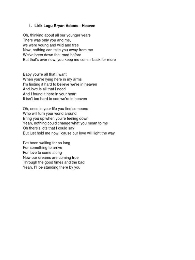 Untuk melihat detail lagu heaven lyrics bryan adams terjemahan lirik bahasa indonesia klik salah satu judul yang cocok, kemudian untuk link download heaven . Lirik Lagu Bryan Adam Everything I Do Rasanya