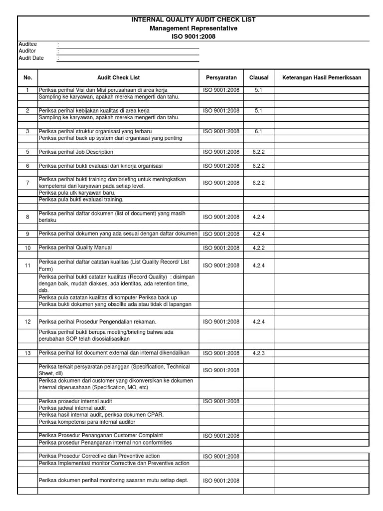 Checklist Audit Iso 9001 2015 