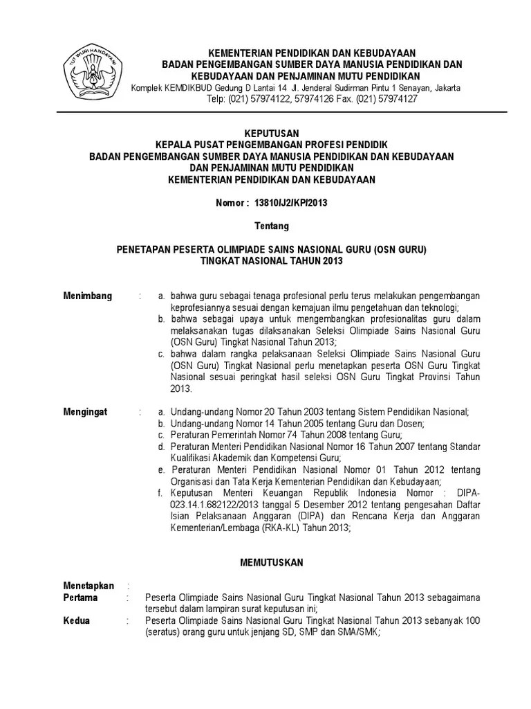 Contoh sk panitia o2sn dan fls2n 2016. Sk Penetapan Peserta Osn Pdf