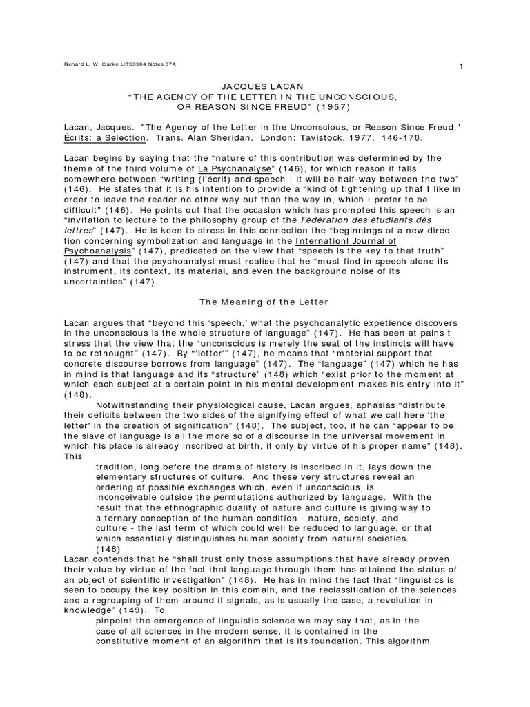 La Can The Agency Of The Letter In The Unconscious | PDF | Psychoanalysis | Jacques Lacan
