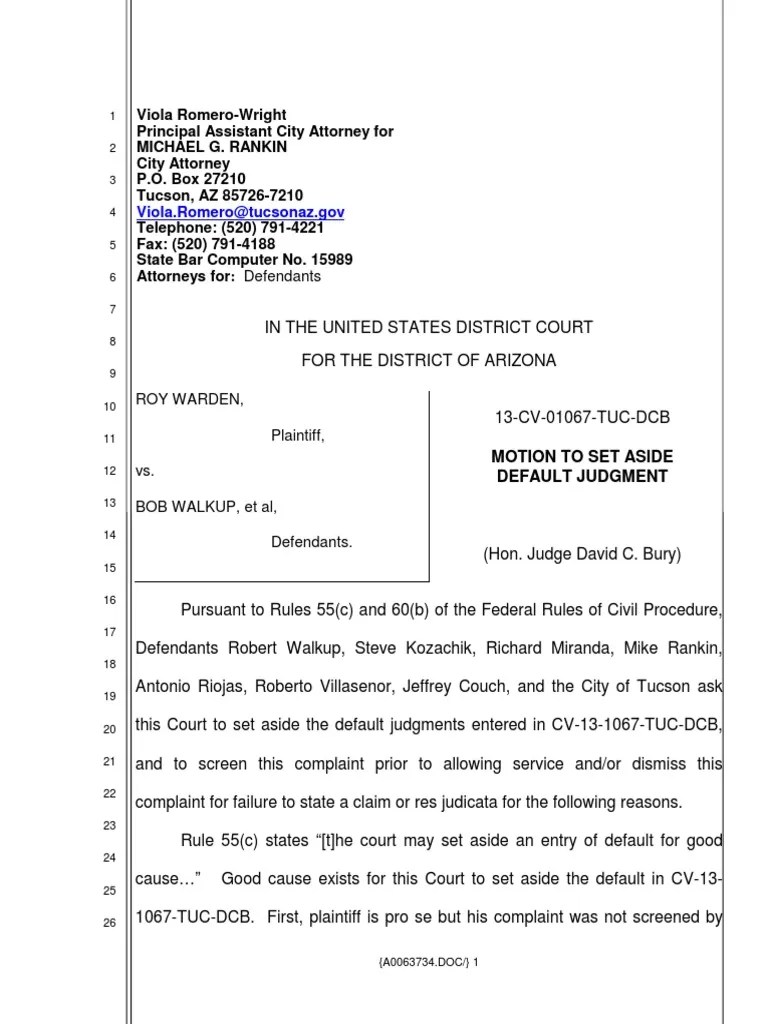 Tucson City Defendants File Motion To Set Aside Default Judgment | PDF ...