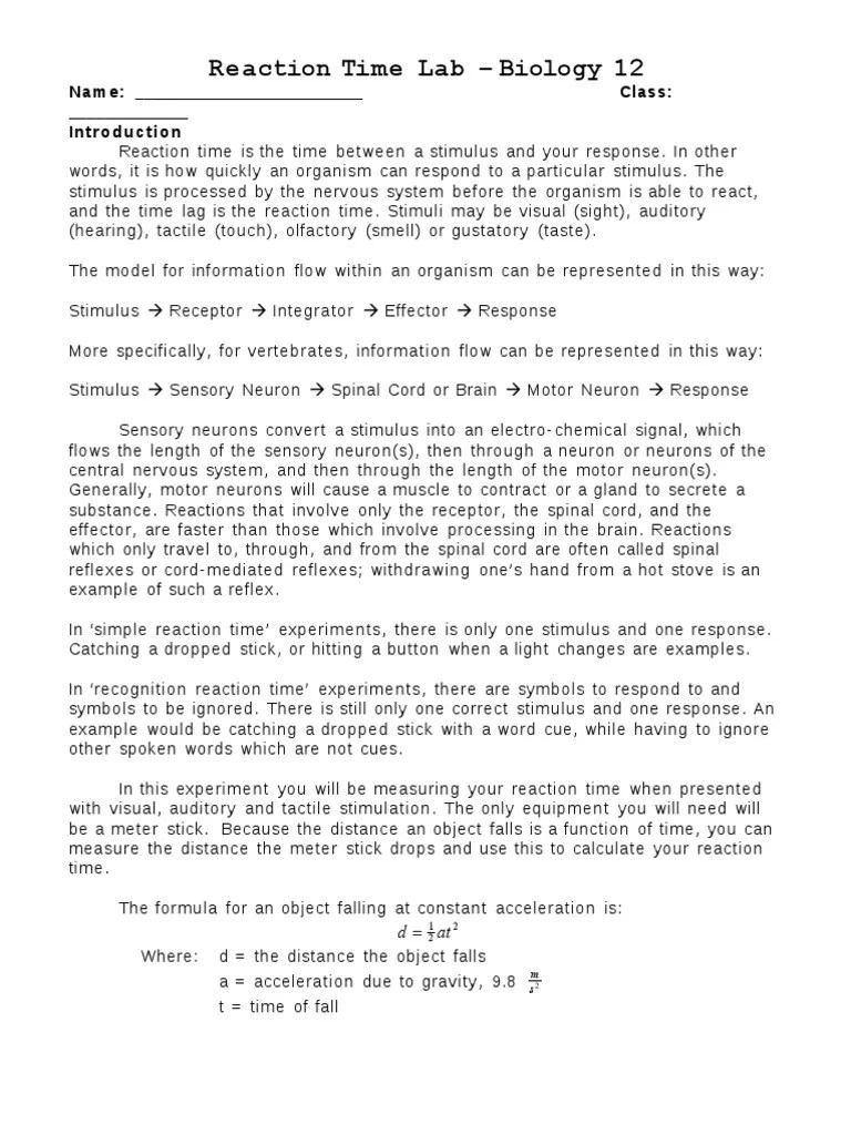 Reaction Time Lab | PDF | Stimulus (Physiology) | Mental Chronometry