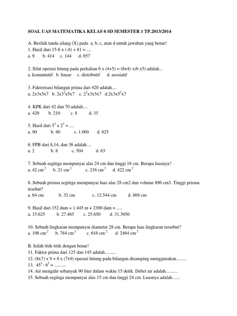 Soal ulangan akhir semester 1. Soal Uas Matematika Kelas 5 Semester 1 Dan Kunci Jawabannya