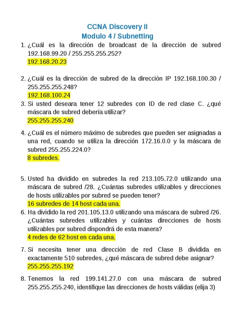 CCNA D2 Modulo4 Evaluación Subnetting | PDF | Dirección IP | Protocolos ...